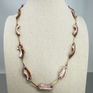 Pink Iridescent Carved Shell Station Necklace Gold Tone Bar Link